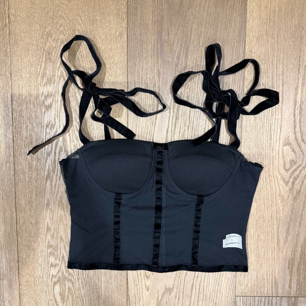 COMMENSE Semi-Sheer Mesh Corset Crop Top with Velvet Tie Straps - Black